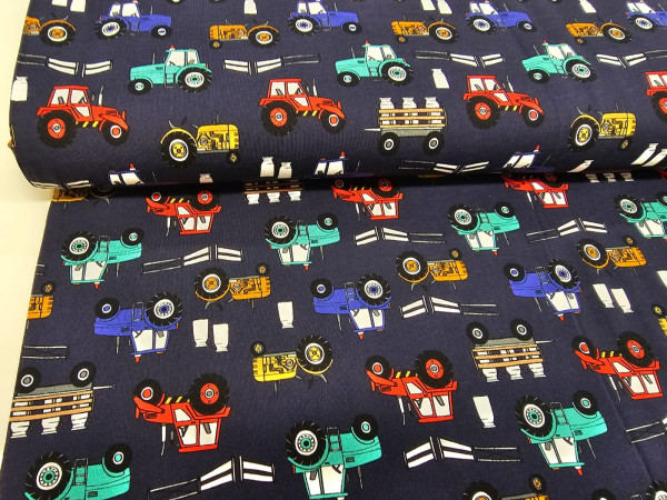 Bombažni jersey - pisani traktorji večji, kmetija na temno modro vijolični osnovi