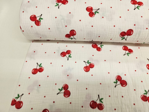 TETRA tkanina, dvoslojna- češnje in rdeče pikice na off white osnovi