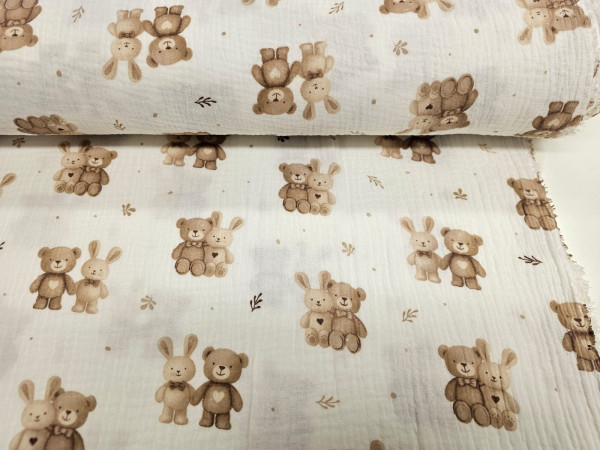 TETRA tkanina, dvoslojna- medvedki in zajčki na off white osnovi
