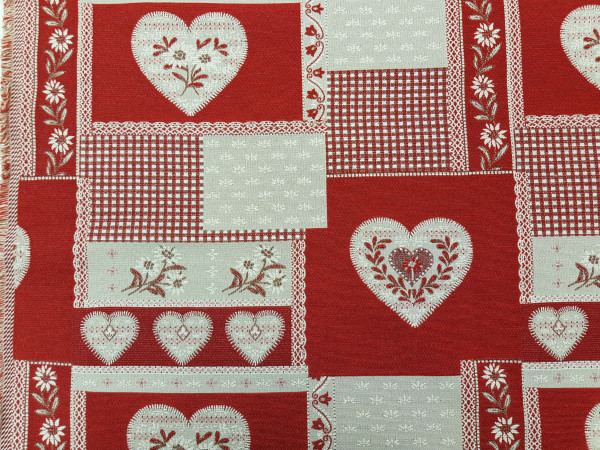 Dekor, gobelin, rdeči patchwork, srčki in rožice, 140cm