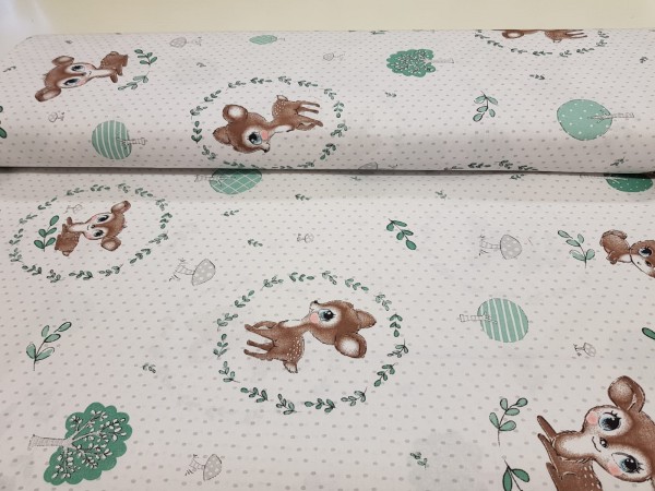 Bombažno platno- bambi in zajček na beli osnovi